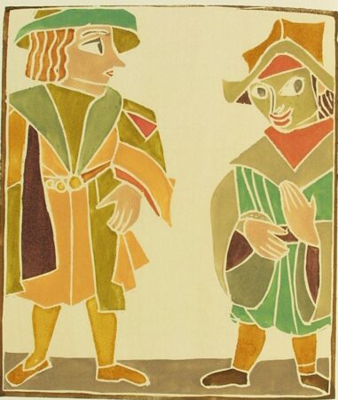 A vibrant illustration by André Derain, from 1943, titled "Plaideurs." The image features two stylized figures in medieval-inspired attire, engaging in a conversation. The figure on the left wears a green and orange outfit with a teal hat, while the figure on the right dons a green striped garment and a pointed hat, gesturing with their hands. The composition is framed with bold outlines and warm tones, creating a scene rich with narrative potential and playful abstraction.