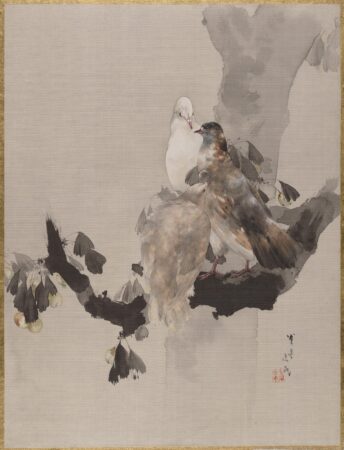 A delicate Japanese painting depicting a group of pigeons perched on a tree branch. The composition features soft, natural tones with intricate detailing of the birds' feathers and subtle textures of the branch and leaves. One white pigeon stands out among the muted browns and grays of the others, creating a gentle contrast. The background is minimal and light, focusing attention on the serene interaction between the birds. This traditional artwork exudes harmony and an appreciation for the quiet beauty of nature.