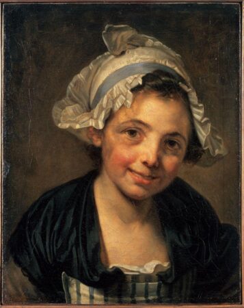 A portrait of a young girl with rosy cheeks, a warm smile, and an expressive gaze. She wears a delicate white bonnet with ruffled edges tied with a blue ribbon, framing her face. Her dark garment contrasts with the soft tones of her skin and bonnet. The background is muted, emphasizing her lively expression and the subtle textures of her clothing and headwear. The painting captures a sense of innocence and charm characteristic of 18th-century portraiture.