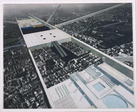 A conceptual aerial illustration depicting a massive, elevated architectural structure spanning a dense urban landscape. The structure features a grid-like layout with distinct zones, including pools, sports tracks, and recreational spaces. The elevated platform appears to be suspended by large angular supports, creating a futuristic and utopian atmosphere. The city below is rendered in intricate detail, contrasting with the geometric and orderly design of the platform above. The perspective emphasizes the monumental scale of the structure, suggesting themes of urban intervention and controlled environments.