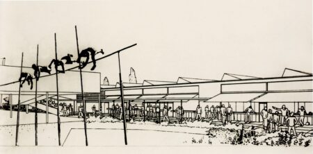 A drawing depicting a building with several people standing alongside it, showcasing urban life and architecture.