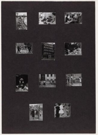 A black-and-white collage featuring a grid of small photographs mounted on a dark background. The images depict various urban scenes, including people walking, sitting, and engaging in daily activities. The composition appears to explore themes of city life, movement, and public spaces.