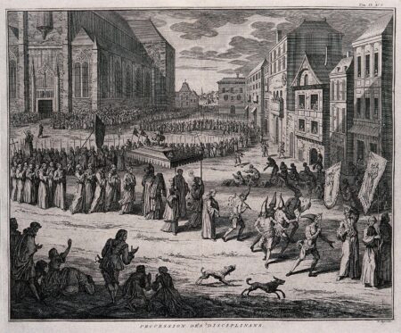 A procession of flagellants carrying a canopy and a statue of the Virgin Mary through a town. An engraving depicting a religious procession in a European city. The scene shows a large group of people in ceremonial robes and hoods, some carrying banners and religious artifacts, marching through the streets. Onlookers and participants kneel or prostrate themselves in prayer, while others engage in flagellation. The procession moves past a large Gothic church, with a crowd gathered in the background, and buildings lining the streets on both sides.