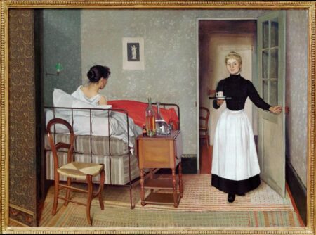 A painting depicting a serene domestic scene. A woman sits upright in a modest metal-framed bed, facing away from the viewer. The room is sparsely furnished, with a bedside table holding bottles and a glass, and a wooden chair nearby. A maid enters through an open door, carrying a tray with a cup, wearing a black blouse and a white apron. The setting conveys a quiet moment of care and recovery, emphasizing simplicity and attentiveness in the late 19th-century environment.