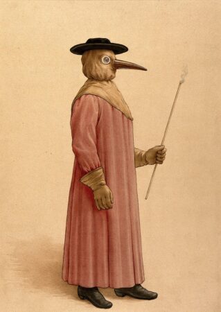 A historical illustration of a 17th-century plague doctor. The figure is dressed in a long, red robe with gloves and black shoes. A wide-brimmed black hat sits atop the head, and the iconic beaked mask with round eye lenses covers the face. The doctor holds a long stick, used to maintain distance from patients. The image reflects the traditional protective attire worn during plague outbreaks, designed to prevent the transmission of disease.