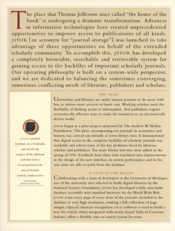A page of text describing JSTOR’s origin and mission, framed in cream and tan. It explains how JSTOR was created to provide access to scholarly journals and improve digital access for the academic community, with emphasis on balancing the needs of libraries, publishers, and scholars.