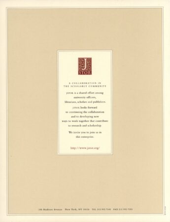 The final page of a JSTOR informational brochure. Centered is the JSTOR logo with the message: “A collaboration in the scholarly community,” describing JSTOR as a joint effort among scholars, librarians, and publishers. A URL (http://www.jstor.org.bibliotheek.ehb.be/) invites readers to join the initiative.