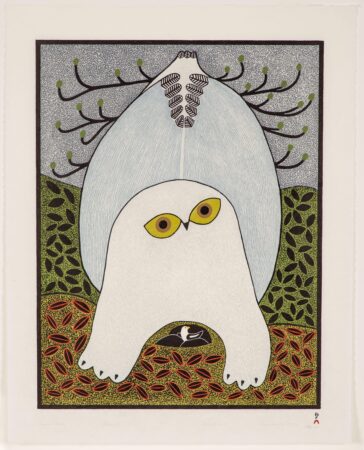 Stylized print of a white owl with bright yellow eyes, standing against a patterned background of branches and leaves. The owl’s body appears as part of an abstract form that includes another bird’s nest near its feet.