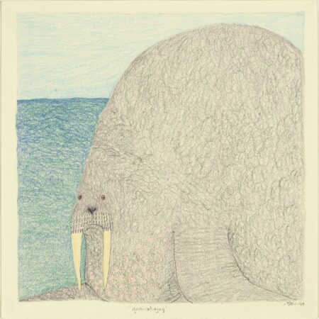 Color pencil drawing of a massive walrus emerging from the sea, its body textured with soft gray circular patterns. The walrus has long yellow tusks and small red eyes, and the ocean stretches out behind it.