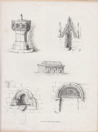 An engraving showing five architectural details from Broadwell Church, Gloucestershire. Top left: an octagonal baptismal font decorated with carved foliage motifs. Top right: a pointed Gothic window framed with ornate tracery and pinnacles. Center: an embellished tomb chest with shields and leaf designs. Bottom left: a small rounded-arch window with deeply recessed stone layers and a projecting basin. Bottom right: an elaborately carved Norman arch with circular and foliage patterns.