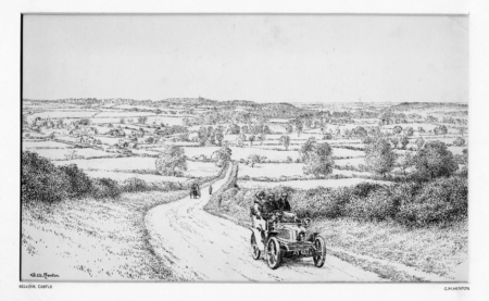 A black-and-white illustration shows a vintage automobile driving along a winding country road, with expansive fields and trees in the background.
