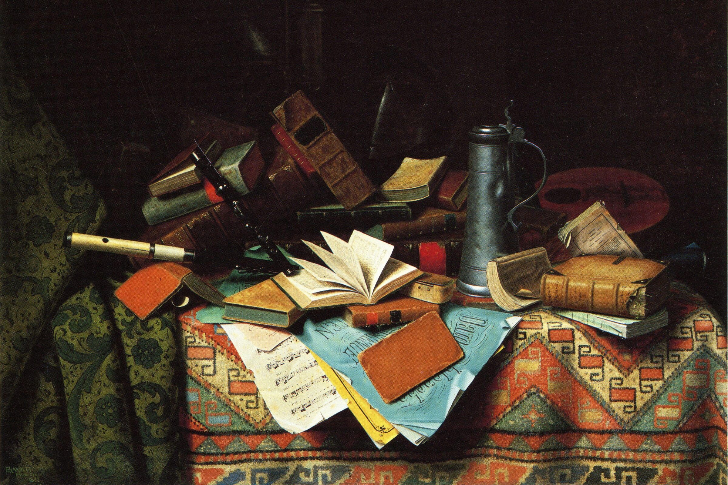 A still life painting depicting an ornate table covered with patterned fabric, piled high with open and closed books, sheet music, a flute, a pewter mug, and other scholarly items.